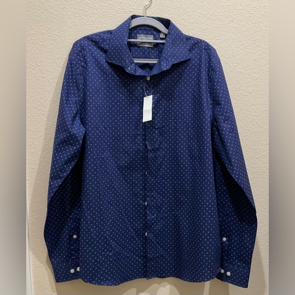 Michael Kors Navy Button Down Shirt Untucked Length Slim Fit Large 16.5 34/35